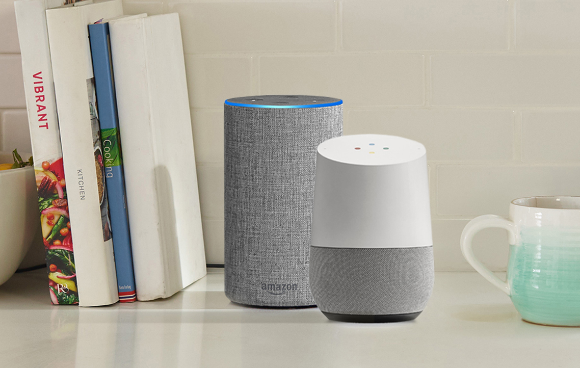Alexa and Google Home voice assistants are shown on a counter.