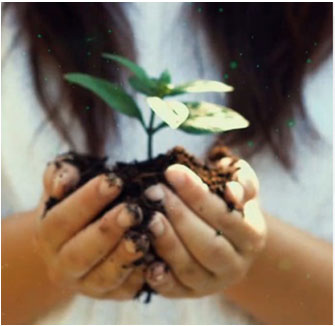 Girl holding a plant.