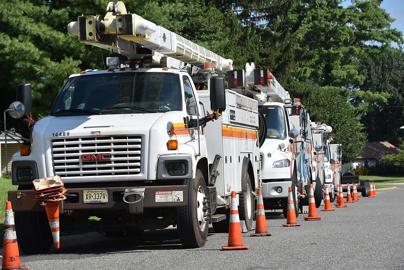 PSEG bucket trucks lined up on side of road