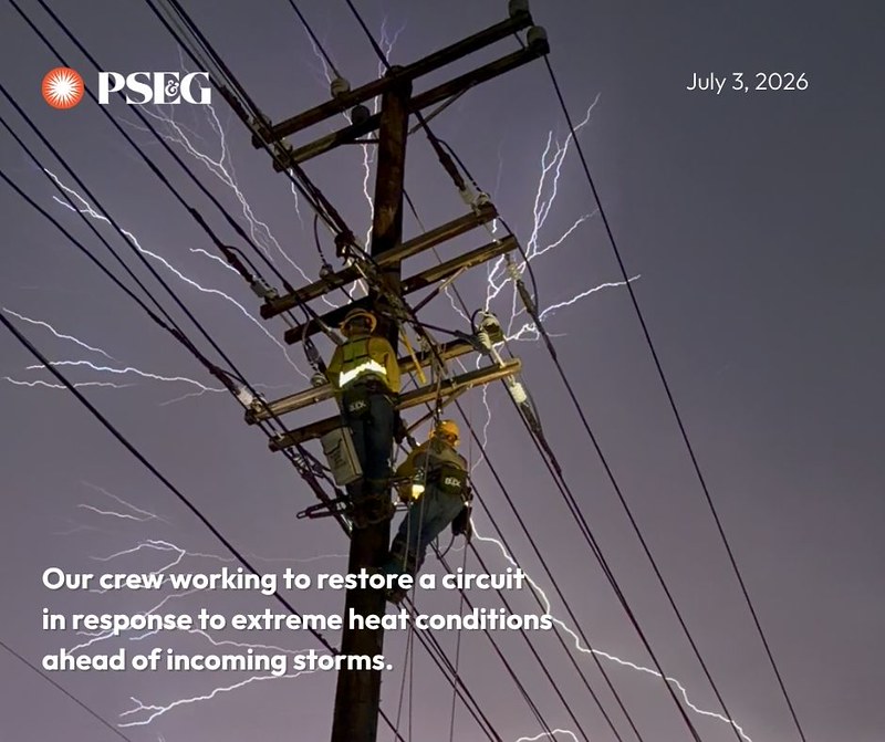 PSE&G linemen crew working to restore a circuit in response to extreme heat conditions ahead of incoming storms (July 3, 2026)