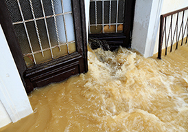 Floodwaters coming through an open door