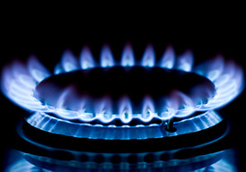 Closeup of blue flames emanating from gas stove burner