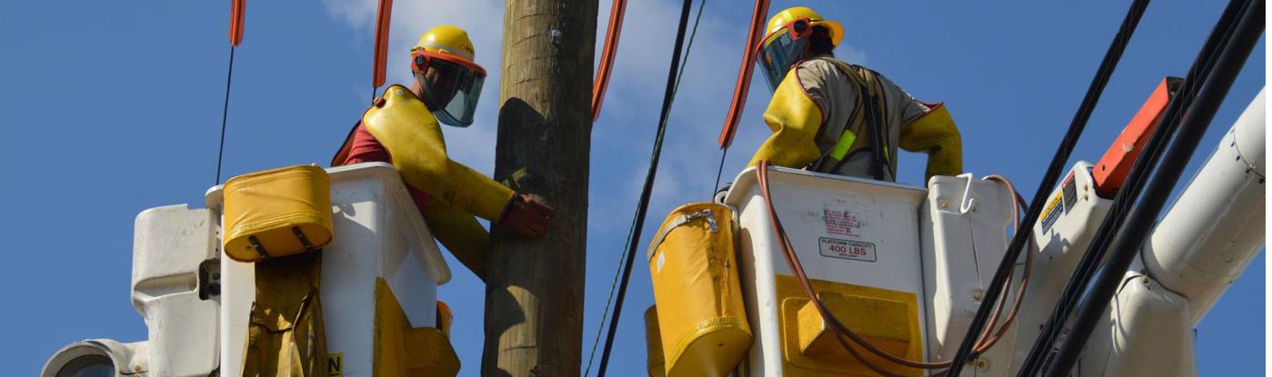 PSE&G lineworkers are shown working on electric wires.