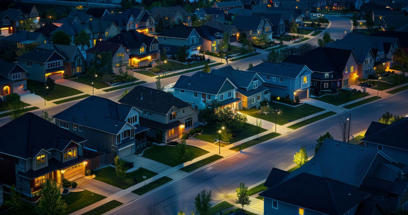 A neighborhood of residential homes is shown, with their lights powered on at night.