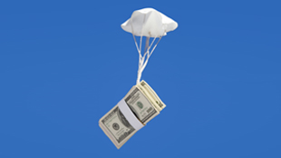 Money falling from sky with parachute